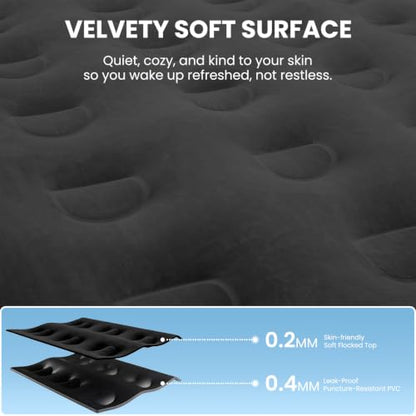 Black Queen Air Mattress with Built-In Pump 18in Leak-Tested Durable Support