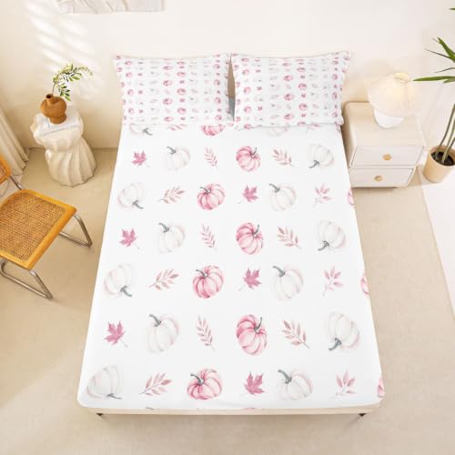 Autumn Pumpkin Kids Fitted Sheet Set with Pillowcases - Pink, Full Size W54 x L75 inches