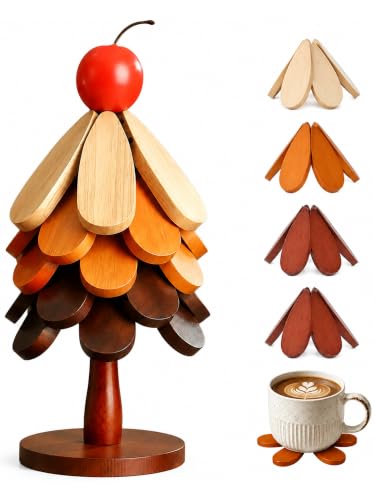 Colorful Christmas Tree Coasters Set of 5 with Stand Wooden Trivets for Hot Dishes