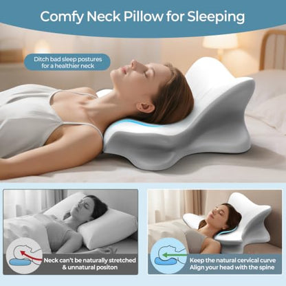 White & Grey Cervical Neck Pillow for Pain Relief, Ergonomic Memory Foam Wedge