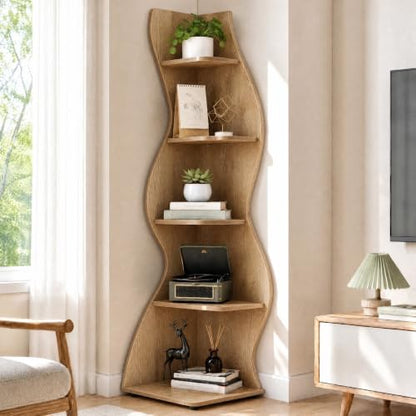 Tribesigns Modern Wavy Corner Shelf Stand - Light Brown, 5-Tier