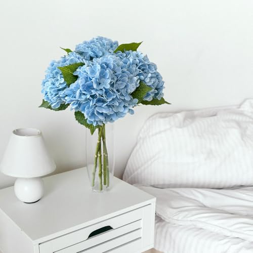 Light Blue Hydrangea Artificial Flower Set - Real Touch Faux Latex 21" Pack of 4