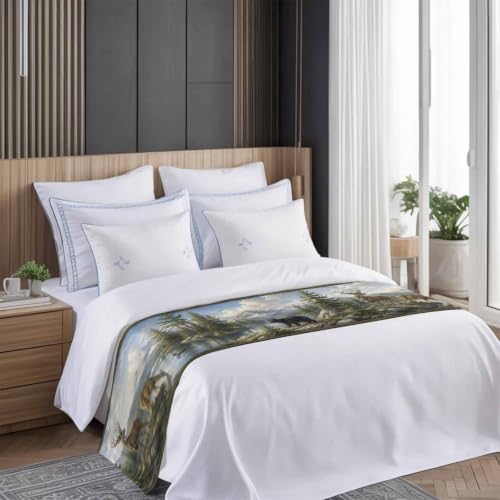 Green Forest Deer Bed Runner for King Bed 94x20 Satin Decor