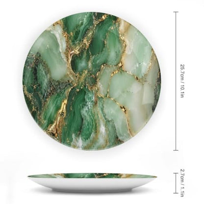 Emerald Marble Ceramic Decorative Plate with Gold Veins - 10 Inch Wall & Table Display