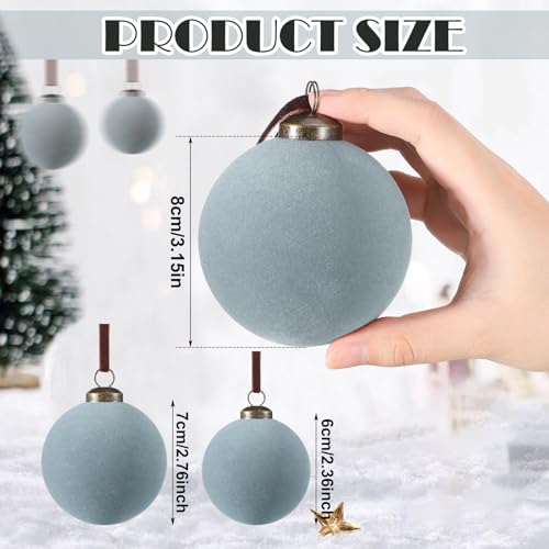 Gray Blue Velvet Christmas Tree Ornaments - 18 Pack Flocked Holiday Balls with Hanging Ropes