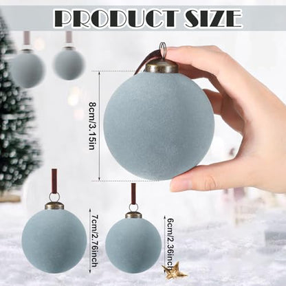 Gray Blue Velvet Christmas Tree Ornaments - 18 Pack Flocked Holiday Balls with Hanging Ropes
