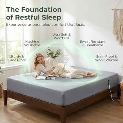 Queen Size Grounding Sheets with Silver Fiber, Deep Pocket, Grounding Cord & Test Pen - Gray
