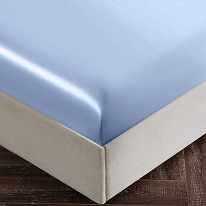 Mulberry Silk Fitted Sheet Twin XL Light Blue 22 Momme Deep Pocket