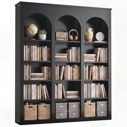 MapleGrace 71-Inch Triple Arched Tall Bookcase with Shelves - Black