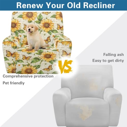 Sunflower Butterfly Recliner Couch Protector with Pockets - Stretch Slipcover for 27-37 Inch Chairs