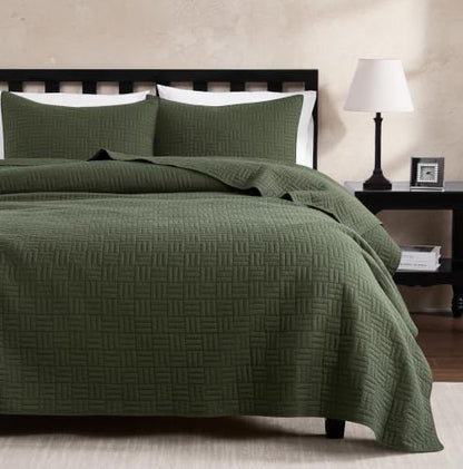 Light Green Cotton Quilt Set Queen Size 3 Pieces - Textured Rustic Bedding