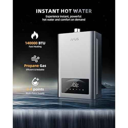 APUS Tankless Water Heater Propane, 140,000 BTU Indoor Installation Up to 6.8 GPM, Zero Cold Water Technology for Instant Hot Water on Demand, Smart Wi-Fi App Control