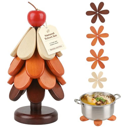 Wooden Tree Trivet Set with Stand - Christmas Kitchen Decor