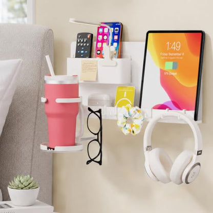 No Drill White Floating Wall Shelf with Organizer for Phones & Tablets