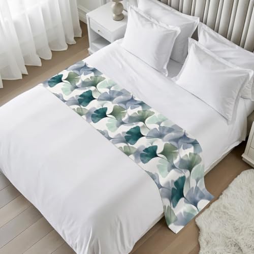 King Size Bed Runner with Ginkgo Leaves - Green Grey Decorative Throw for Bed, 94 x 20 Inches, Teal/Sage/Slate Blue Mint Variation