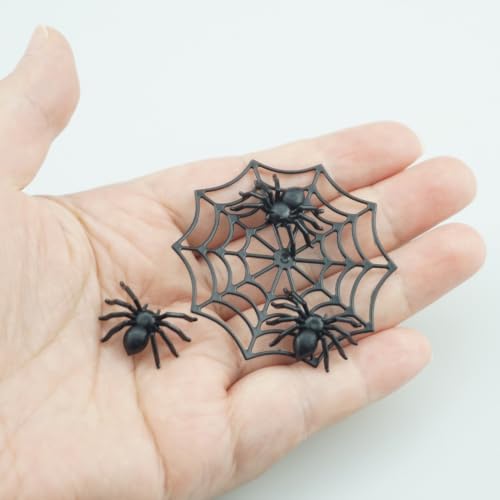 Halloween Spider Decorations Pack - 80 Mini Plastic Spiders & 10 Webs