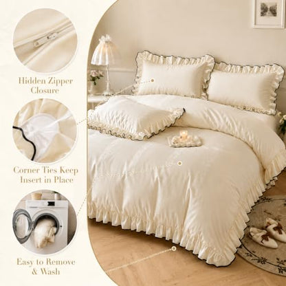 King Size Ruffle Cotton Duvet Cover Set with Pillow Shams & Fitted Sheet - Farmhouse Ivory White Bedding