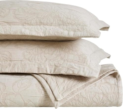 Oversized Cotton Bedspread Set - King / Beige - 3 Piece Decorative Bedding