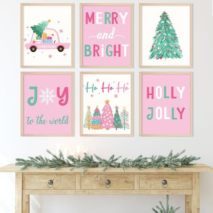 Christmas Wall Art Prints Set - Pink Holiday Decor for Living Room & Bedroom, 8x10 Inch Unframed