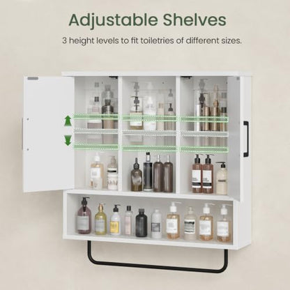 Bathroom Wall Cabinet with Doors and Towel Bar - Wall Mounted Storage Organizer