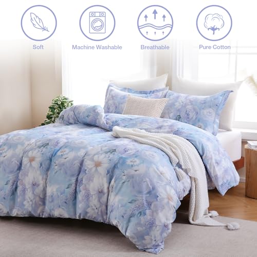 Reversible Floral Cotton Duvet Cover Set King Size - Purple & Blue
