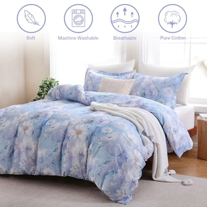 Reversible Floral Cotton Duvet Cover Set King Size - Purple & Blue