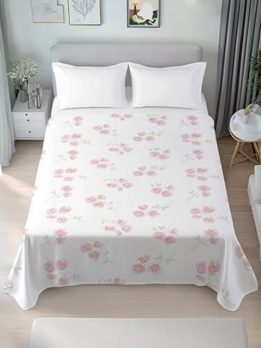 Full Size Pink Flowers Microfiber Flat Sheet - Spring Floral Bed Linen, 81x96, Easy Care, Farmhouse Style