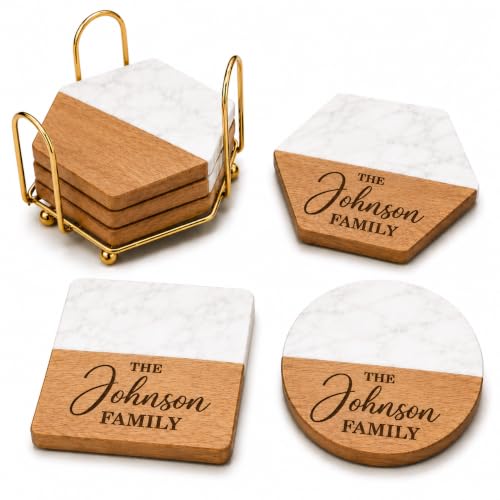 Personalized Marble and Wood Coasters with Holder - Engraved Gift Set