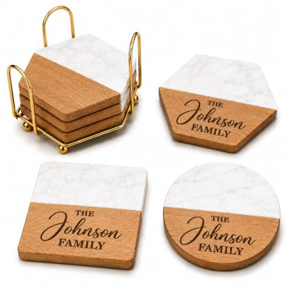 Personalized Marble and Wood Coasters with Holder - Engraved Gift Set