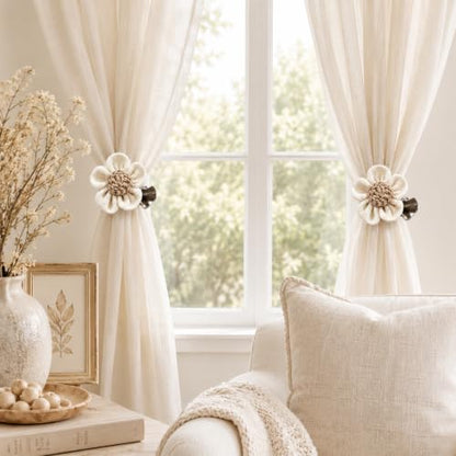 Natural Linen Curtain Tiebacks with Flower Accent - 2 Pack