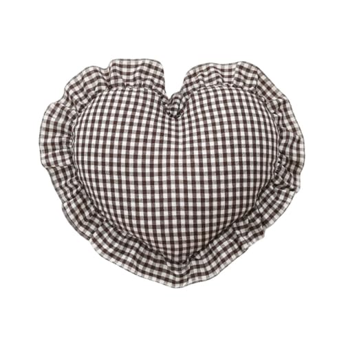 Coffee White Checkered Heart Pillow with Ruffle - Gingham Love Cushion for Sofa Bed Decor