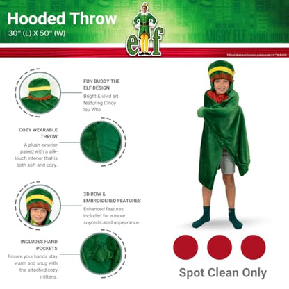 Elf Buddy Hooded Throw Blanket - Christmas Kids Bedding, 30x50 inches