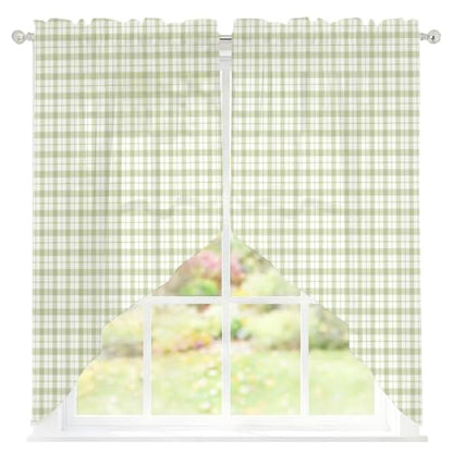 Sage Green Checkered Swag Curtains 28W x 36L Set - Farmhouse Semi-Sheer Window Valances
