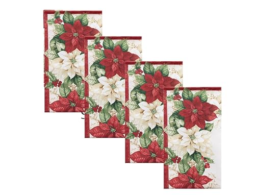 17x17 Inch Christmas Poinsettia Napkin Set - Red & White Holiday Fabric Dinner Napkins, Set of 4