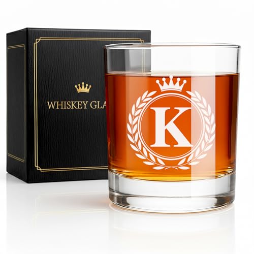 Personalized Whiskey Glass for Men - Monogrammed A–Z 10 oz Old Fashioned Rocks Glass with Gift Box - Variation K