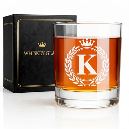 Personalized Whiskey Glass for Men - Monogrammed A–Z 10 oz Old Fashioned Rocks Glass with Gift Box - Variation K