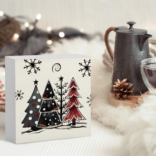 Rustic Christmas Trees Wooden Box Sign Decor - Holiday Indoor Christmas Decorations - 5x5 Inches - Festive Home Shelf Desk Accent - Variation of Rustic Christmas Trees