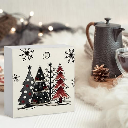 Rustic Christmas Trees Wooden Box Sign Decor - Holiday Indoor Christmas Decorations - 5x5 Inches - Festive Home Shelf Desk Accent - Variation of Rustic Christmas Trees