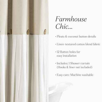 Lush Decor Linen Button Shower Curtain, 72" W x 72" L, Linen - Neural Shower Curtain Fabric - Bathroom Curtain - Farmhouse Bathroom Decor