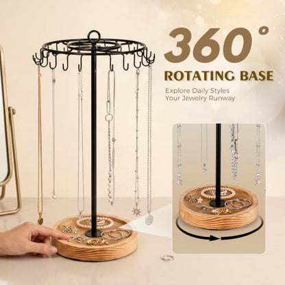 Rotating Necklace Organizer Stand with 24 Hooks - Jewelry Display & Storage