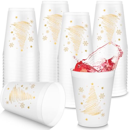 Christmas Gold Frosted Plastic Cups 16oz Set - Holiday Party Drinkware