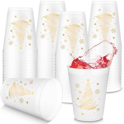 Christmas Gold Frosted Plastic Cups 16oz Set - Holiday Party Drinkware