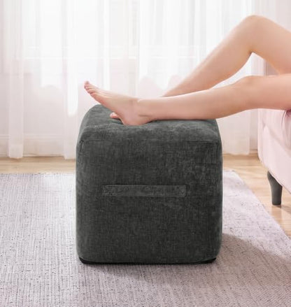 Grey Chenille Square Foot Rest Ottoman 16 Inch - Portable & Removable Cover