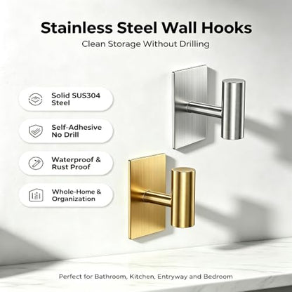 Silver T Shape Wall Towel Hooks, Heavy Duty Adhesive, 4 Pack