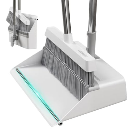 JOYMOOP White Broom and Dustpan Set with Built-in Comb Tooth - Foldable Upright Design, Angled Broom, Adjustable Extension Pole, Home & Commercial Cleaning (Variation A)
