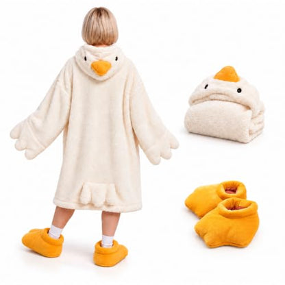 White Wearable Goose Blanket Hoodie - Oversized Duck Onesie Pajamas Costume, Medium