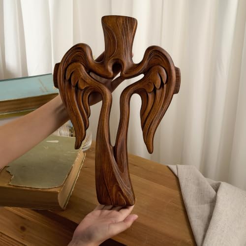 Retro Wooden Angel Cross Wall Decor - 13.8 Inch Handcrafted Jesus Crucifix