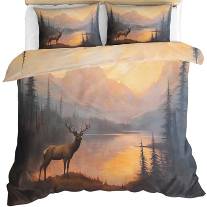 Deer Duvet Cover Queen Size - Forest Deer Bedding Set 3 Piece with Zipper Closure - Queen 90x90
