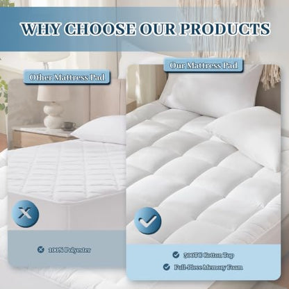 White King Size Cotton Mattress Topper with Memory Foam Layer & Deep Pocket