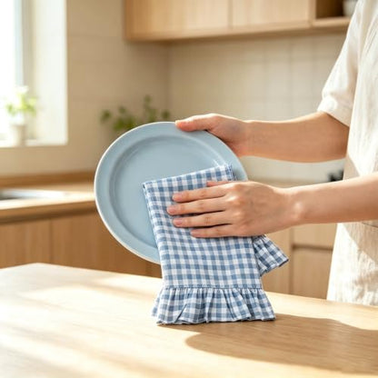 Gingham Kitchen Towels 2-Pack Cotton Ruffled Dish Towels 18x28 Inches - Blue